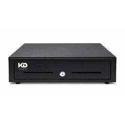 - Appears to be a compact black cash drawer (POS cash drawer) with a front-loading shallow slot design and a locking key in the center.  
- Intended for business use (POS) with a unisex audience, suitable for cashier setups; visible features include a smooth metal finish, two narrow front slots, and a small central key lock.  
- Notable attributes: matte black metal construction, single front-facing currency/coin drawer area likely with a standard slide mechanism, absence of visible branding besides a KD mark, dimensions imply a small-to-medium POS unit.