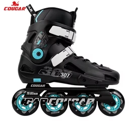 A black inline adjustable boot with turquoise and white accents, designed for inline skating. Appears sized for youth or unisex use based on the boot and styling, with hard shell ankle support, multiple buckle closures, and a low-cut cuff for mobility; overall color scheme is black with turquoise highlights and white buckles. Notable materials visible include a rigid outer shell, padded liner, and four micro-adjustable buckle straps on a traditional 4-wheel frame, with turquoise wheels and graphic branding on the side.