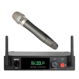 - What it is: A wireless microphone/receiver set, featuring a handheld dynamic microphone and a rack-mount wireless receiver unit.
- Intended audience: Unisex (suitable for both men and women) as a typical stage or karaoke/PA setup; the model and styling suggest professional audio use.
- Notable attributes visible: The handheld mic has a metallic grille and dark body; the receiver is a rack-mount unit with an LCD display, two small antennas, a large control knob, and a red power button. Visible text includes "MIPRO" and model cues on the display and front panel. Overall color scheme is black with green LCD readout and silver accents. Body appears to be metal/plastic with a compact, rectangular form factor.