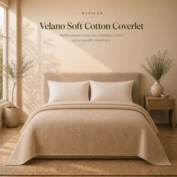 - The product shown is a Velano Soft Cotton Coverlet draped over a neatly made bed, presenting a cozy, waffle-textured blanket with two white pillows and a neutral-toned headboard setup.
- Intended audience appears to be adults (unisex styling leaning toward a calm, minimalist bedroom aesthetic), based on the neutral beige palette, soft textures, and classic bed setup.
- Notable attributes visible: waffle-textured cotton coverlet in a warm beige/cream color, matching color scheme with white pillows, simple wooden nightstands and greenery for a serene, modern-bedroom look.