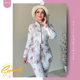 - Product: A modest women’s suit set (burkini-style) featuring a light, abstract pink and gray print on a pale base. The outfit includes a long-sleeve zip-front jacket with a belt at the waist and matching straight-cut pants.
- Audience and styling: Designed for women, with a chic, modest, and fashionable look suitable for resort or everyday wear; styled with a wide-brim white hat for a summery, stylish vibe.
- Materials, color, and style details: Apparent fabric appears lightweight, soft with a watercolor-like pink-gray print; the set emphasizes a structured, tailored silhouette with a removable belt, front zipper, and coordinated pants.