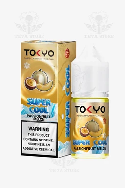 - What it is: A bottled e-liquid (vape juice) product labeled “TOKYO SUPER COOL” in a fruit-flavored variety, shown beside its matching gold packaging.
- Apparent audience: Unisex (intended for both men and women vapers), with a modern, colorful, compact design suitable for adults.
- Notable attributes: Flavor indicated as Passionfruit Melon with cool/menthol styling; packaging shows a small fruit graphic, gold-toned box, and a clear bottle with a white cap and blue/white label. The label also includes a nicotine warning box.