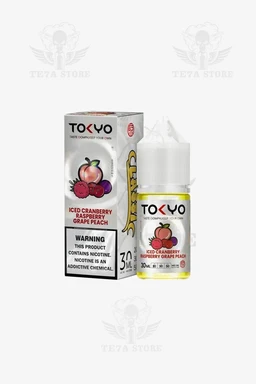 This is a bottle and box of TOKYO e-liquid in a fruit blend flavor. The apparent audience is unisex, based on the neutral bottle design and vape product styling. Notable attributes: the bottle and packaging show a cherry (carnberry) and raspberry imagery with hints of grape and peach; the liquid is light yellow, with a white childproof cap and a profiled warning label on the box. The style is compact, modern vape packaging with a 30 ml bottle.