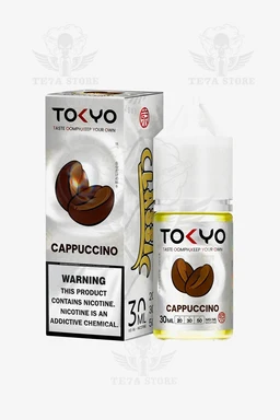 - What the product is: TOKYO-CLASSIC ICED CAPPUCCINO e-liquid bottle with its box.  
- Apparent audience: unisex (vaping product visible with neutral bottle and packaging suitable for all adults).  
- Notable attributes: light yellow liquid in a small 30 mL bottle, clear dropper top, packaging features a coffee bean graphic, cappuccino label, and nicotine warning box; color scheme includes white, black, and coffee-brown accents, with a compact rectangular box and slim bottle design.