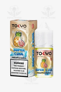 - What the product is: A bottled e-liquid vape product labeled TOKYO SUPER COOL Pineapple Guava, shown next to its rectangular carton.
- Apparent audience: Unisex (suitable for both men and women who vape), judged from the neutral design, compact bottle, and unisex fruit flavor branding.
- Notable attributes: Bright fruit imagery featuring a pineapple and guava, blue and white color accents, clear bottle with a white cap, bold “SUPER COOL” branding, and a warning label about nicotine content. Material/style: plastic bottle with a foil/carton box packaging; tropical fruit flavor with a cool/refresh design.