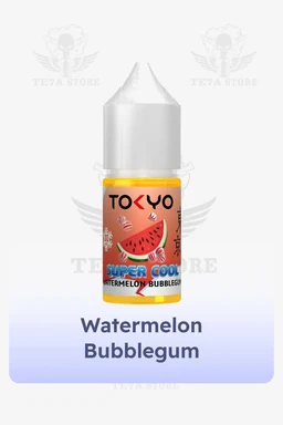 - What it is: A small bottle of watermelon bubblegum e-liquid (vape juice) with a metallic cap and a bright label showing a watermelon graphic.
- Intended audience: Unisex audience (designed for adults who vape; styling appears neutral and playful).
- Visible attributes: Clear bottle with yellow-orange label, watermelon illustration, text “Watermelon Bubblegum” and “TOKYO-SUPER COOL” motif, small dropper-cap design; colors are orange label with a red watermelon and blue accent, background gradient from white to light purple.