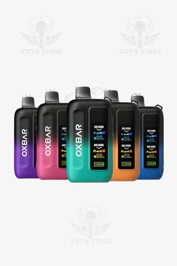 - What the product is: A lineup of OxBAR electronic smoking devices with varying colors.
- Apparent intended audience: Unisex (models and styling appear gender-neutral, suitable for all adults).
- Notable attributes visible: Matte-colored cylindrical handheld devices with a small digital display panel and button area; colors shown include purple, pink, teal, green, orange, and blue; black top/mouthpiece and a compact, portable shape. No branding beyond "OXBAR" visible.