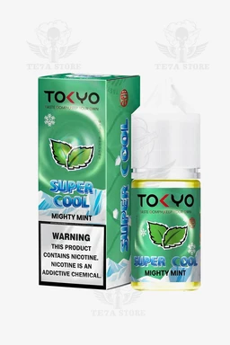 - Product: TOKYO Super Cool Mighty Mint e-liquid bottle with its green box.
- Audience: Unisex (styling and packaging are gender-neutral, suitable for general use).
- Visible attributes: Bright green and blue color scheme with a leaf graphic; rectangular box and small dropper bottle. The label shows “SUPER COOL” and “MIGHTY MINT,” plus a nicotine warning on the box. Material appears to be plastic bottle with a child-resistant cap and a cardboard box. Overall style is modern, cool-toned, minty.