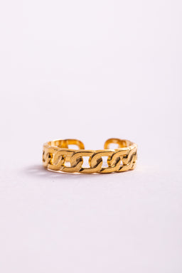 - What the product is: A gold-toned chain-link ring with a bold, chunky curb-link design.
- Intended audience: Unisex appeal, styled as a statement accessory.
- Notable attributes: Gold color with polished finish, wide band featuring large interlocking chain links, rounded edges, open back or adjustable ring style.