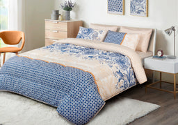 - What the product is: A quilted bedding set featuring a mix of blue and beige tones, laid out on a bed with matching pillows and a decorative throw.
- Apparent audience: Unisex (suitable for men and women), based on neutral blue-beige color styling and modern bedroom design.
- Notable attributes: Cotton blend fabric, mixed blue patterns with a large floral/abstract design on the cover, geometric blue repeating pattern on the quilted sections, beige accents, pillow shams, and a soft, cozy look.