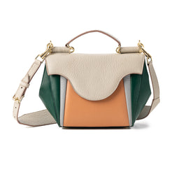 This is a small structured handbag with a top flap and multi-tone color block design. It appears aimed at a unisex or women’s audience based on its compact size, shape, and delicate beige strap; the color palette includes beige, peach, green, and tan textured leather. Notable materials and details: pebbled leather texture, gold-tone hardware, and a detachable crossbody strap with adjustable length.