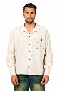 - A beige long-sleeve linen shirt worn by a male model. The shirt features a relaxed fit with a short spread collar, a row of dark buttons, and a chest pocket with small decorative details.
- Intended audience: men’s fashion.
- Notable attributes: light, natural linen fabric in a warm beige color; casual shirt style with a button-front placket and a single chest pocket.