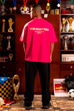 - What the product is: A bright pink short-sleeve T-shirt with a large back print that reads “THE GOAT ERA” and smaller text beneath it.
- Apparent audience: Unisex (image shows a male model, but the styling and fit appear suitable for both men and women).
- Notable attributes: Neon pink color, oversized/slim-baggy fit, bold white and black back typography, casual crew-neck style, paired with black pants in the photo. Material not discernible beyond typical cotton/jersey appearance.