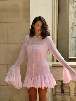 - What it is: A women's short, fit-and-flare dress in a pale pink color, featuring a sheer long-sleeve bodice with a row of decorative buttons down the front and a flounced mini skirt.
- Intended audience: Women (adult female).
- Notable attributes: Sheer chiffon-like fabric, soft pink hue, long bell sleeves with ruffled cuffs, structured princess-seamed bodice, and a ruffled, layered mini skirt. No visible branding.