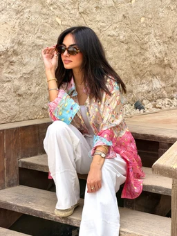 - What it is: A women's long-sleeve shirt or lightweight blouse with a mixed pink palette, worn layered over white wide-leg pants. The model sits on wooden steps outdoors, wearing oversized sunglasses and several bracelets.
- Intended audience: Women (adult) based on styling, fit, and accessories.
- Notable attributes: pastel pink with floral/abstract blocks, sheer placement panels, buttoned cuffs with bright blue accents, relaxed loose fit, light fabric. The overall look is casual, bohemian-inspired.