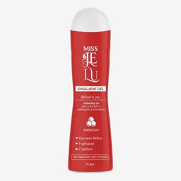 - A red, curved bottle of Miss Je Lu Emollient Gel with a white cap; labeled in Arabic and English. The packaging features white text and a small graphic, and mentions ingredients like macadamia extract, vitamin E, and bubble gum scent.

- Intended for a unisex or general audience based on the neutral styling; the visible styling suggests a playful, candy-like gum scent. Notable attributes: bright red color, white cap, gel consistency, and a 75 g packaging size.