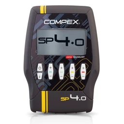 - What the product is: A compact electronic device with a small LCD screen and five labeled control buttons, featuring a dark body with yellow accent lines.
- Intended audience: Unisex (adult) based on neutral styling and sizing cues; the device appears designed for athletic or fitness use.
- Notable attributes: Matte dark casing with yellow vertical trim accents, a rectangular LCD display showing "SP 4.0," five white plastic control buttons with plus/minus symbols and icons, and a subtle geometric background pattern. No visible branding beyond generic “COMPEX” and “SP 4.0” on the display.