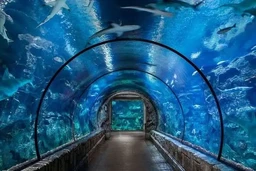 - What the product is: An aquarium experience image showing a glass tunnel underwater surrounded by fish and blue marine scenery.
- Intended audience: Unisex (appears suitable for all ages, focusing on aquarium/go-to-visit experiences).
- Notable attributes: Clear acrylic tunnel with curved arches and metal railings, blue aquatic backdrop with swimming fish; tunnel leads to an observation area at the far end. No visible branding.