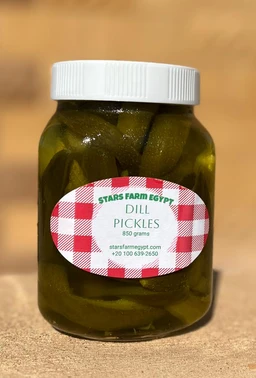 Product is a glass jar of dill pickles with a white screw cap. Appears unisex sizing; the model isn’t shown, so audience inferred from product category: general grocery/household. Notable attributes visible: green dill pickle slices in brine inside a clear jar, label with red-and-white gingham pattern, text “Dill Pickles,” and brand-like elements including a green seal and jar weight (850 grams). The overall style is pantry/condiment, mid-century rustic kitchen aesthetic. Materials visible: glass jar, metal lid, pickles in brine; color palette dominated by green pickles and red/white label.