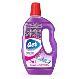 - What the product is: a 730-gram bottle of Get All-Purpose Cleaner and Disinfectant with a lavender scent.
- Apparent intended audience: unisex (suitable for household cleaning by anyone) as indicated by the generic packaging and handle-friendly bottle.
- Notable attributes visible: purple liquid in a purple contoured bottle with a red cap and a built-in handle; lavender imagery on the label; indicates 7x1 all-purpose cleaner; designed for cleaning and disinfecting surfaces.