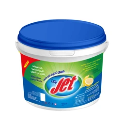 - Product: A large white plastic tub with a bright blue lid, labeled with a colorful Jet logo and lemon imagery; appears to be a cleaning paste or detergent (Arabic text suggests a washing product).
- Audience and style: Unisex, geared toward household use for laundry or dishwashing; practical, vibrant green-blue packaging with yellow lemon accent to emphasize a lemon scent.
- Visible attributes: Blue-handled tub with a secure snap-on lid, red “NEW” badge on the label, lemon graphic, and Arabic text; container size around 350 grams. Material looks like plastic.