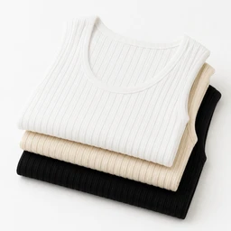 - What it is: A set of folded rib-knit sleeveless knit tops (tank tops) in a stacked bundle.
- Intended audience: Unisex or could be men's/women's basic layering tops based on styling; the neutral colors and classic rib knit suggest versatile wear for adults.
- Notable attributes: Thin vertical rib knit texture, crew/rounded neckline, solid neutral colors (white, beige, cream, black), lightweight knit fabric, simple minimalist styling.
