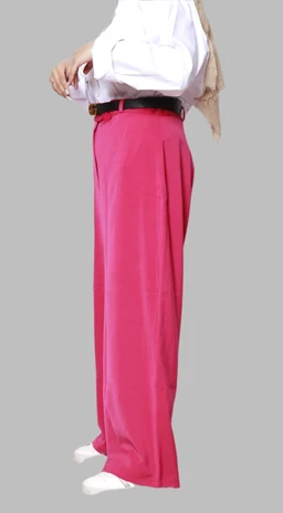 The photo shows a pair of formal pants worn by a female-presenting model. The pants are bright pink with a high waist, tailored fit, and a straight-leg cut. They appear to be made of a smooth, lightweight fabric with a slight sheen. The pants are styled with a dark belt and paired with a white blouse and light cardigan, giving a formal, office-appropriate look. The visible color is vivid pink, and the overall style is crisp and dressy.