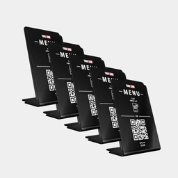 - What it is: A set of five small, freestanding menu cards or table signs with QR codes, likely used in a restaurant or cafe to display digital menus or ordering options.
- Intended audience: Unisex (designed for general customers in a dining environment).
- Notable attributes: Black angled stand cards with white text and QR codes; compact, uniform, and stackable design for tabletop use. Visible text includes "MENU" and a scan area.