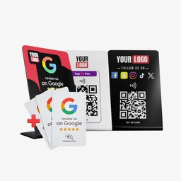 - What it is: A pack of smart business cards with 3 stands and 3 Google review cards, shown with multiple card fronts and a small QR code card inserted into a stand. The visible packaging suggests a modular set for presenting digital contact options and Google reviews.
- Intended audience: Unisex (product use appears applicable to any gender; presentation focuses on business use).
- Notable attributes: Material looks like plastic/cardstock with glossy finishes; colors include white, black, and red accents; style is modern and tech-forward with QR codes and Google review branding; includes stands for display and card templates for Google reviews.