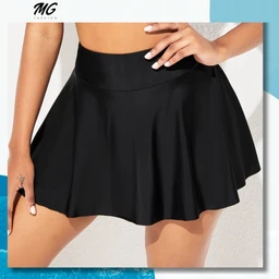 - What the product is: A black, high-waisted skater-style mini skirt with a smooth, structured silhouette and a flared hem.
- Apparent audience: Women (unisex styling not suggested; model is female and the cut is feminine).
- Notable attributes: Solid black color, lightweight, slightly glossy fabric, wide waistband, A-line/flared skirt with pleat-like shaping for volume. No visible branding or text on the fabric itself.
