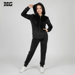 - What it is: A black winter fleece tracksuit set for girls, consisting of a zip-up hoodie and matching pants. The model wears the set with white sneakers and a hood up.
- Apparent audience: Girls (youth), based on the sizing fit and styling.
- Notable attributes: Black color, soft velour/fleece texture, zip-front hoodie with pockets, hooded long-sleeve top, matching jogger-style pants with cuffed ankles, casual everyday loungewear style.