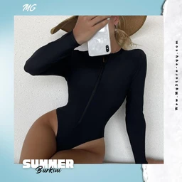 - Description: A black, long-sleeve, high-neck one-piece swimsuit (burkini style) shown on a female model. The suit has a front zipper detail and full coverage on the torso with a snug fit, suitable for swim or beachwear.
- Audience and styling cues: Appears designed for women, with a modest, sporty styling. The model is accessorized with a wide-brim hat and uses a phone for a selfie, suggesting a fashionable, resort-ready look.
- Notable materials and colors: Solid black fabric with a smooth, stretchy appearance; minimalist, streamlined design without visible patterns or logos. The color is black; style is a simple, full-coverage swim/townwear piece.