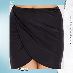 - What it is: A black wrap-style mini skirt with a draped front overlay creating a soft, overlapping hemline.
- Intended audience: Women (based on styling and fit on a female form).
- Notable attributes: Solid black color, stretchy or smooth fabric, short length, wrap-front design with a curved hem that creates a twisted or ruched effect.