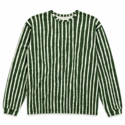 A long-sleeve casual sweatshirt with bold vertical white and dark forest green stripes. The fit appears relaxed with a crew neckline and ribbed cuffs and hem, suitable for everyday wear. Materials look like a soft, brushed knit, giving a cozy, slightly textured appearance. Intended for unisex or possibly men's sizing, based on the neutral stripe pattern and cut.