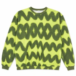 - What it is: A long-sleeve crewneck sweatshirt with a bold tie-dye pattern in neon yellow-green and dark gray.
- Intended audience: Unisex look based on neutral fit and styling; material appearance suggests a soft fleece interior.
- Notable attributes: Bright lime-yellow background, dark charcoal-gray wavy tie-dye design, ribbed cuffs and hem, classic relaxed sweatshirt silhouette. No visible branding.