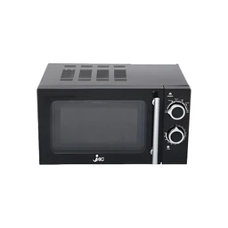 This is a compact countertop microwave oven. It appears designed for a general household audience (unisex) with a black exterior and a front-access door featuring a silver vertical handle. Visible controls include two circular knobs on the right side—likely for power/time and cooking mode—along with a small display area. The appliance has a rectangular window on the door to view contents, a dark-tinted glass or plastic front, and a vented top surface. Notable attributes: black finish, stainless-steel-look handle, two control dials, and a 20-liter capacity implied by the product title; simple, utilitarian style.