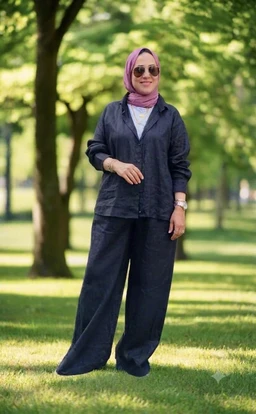 - What the product is: A women's linen lounge set consisting of a long-sleeve shirt/jacket-style top and wide-leg pants, shown worn as a coordinated pajama or loungewear set.
- Apparent audience: Women's (model wearing hijab, relaxed fit and styling suitable for adult women; overall cut and styling indicate unisex could be, but presented as women's lounge wear).
- Notable attributes visible: Material appears to be linen or linen-blend in a dark indigo/blue shade; relaxed, loose fit with a button-front top and wide, flowy pants. The look is casual, comfortable, and suitable for home or leisure wear; styling includes a light inner layer and a hijab, with sunglasses as accessory.