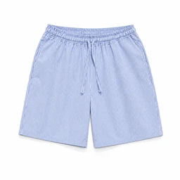 Lightweight shorts with a blue and white vertical stripe pattern. Designed for a casual, warm-weather look likely aimed at men or unisex due to the relaxed fit and drawstring waist. Materials appear to be lightweight cotton or cotton-blend fabric with a soft, breathable texture; features include an elasticized waistband with a drawstring and a knee-length cut.