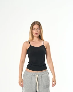 A black spaghetti-strap camisole top with thin, adjustable straps and a fitted silhouette. Appears designed for women, styled casually with a simple scoop neckline and slim fit. Fabric looks smooth and lightweight, likely a soft knit, in solid black with no visible patterns.