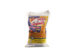 - Description: A 10 kg bag of pasta with Arabic labeling, featuring orange pasta shapes visible through a clear mid-section of the packaging. The bag is predominantly white with a blue and yellow design, and a red Arabic script logo along with an “EL MELOK Pasta” label.

- Audience and attributes: Appears unisex (household use) as a large family-size staple. Notable attributes include bright orange pasta, a flexible plastic bag, and bold yellow-blue branding with Arabic text.