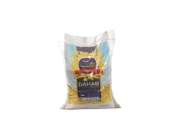 - Product: A 10 kg bag of golden striped pasta (macaroni/elf strand) labeled “Dahab” in the center; clear plastic bag showing yellow pasta shapes.
- Audience and styling cues: Appears unisex for general household use; bag is a standard pantry packaging with a blue label and gold accents, intended for cooking pasta dishes.
- Visible attributes: Clear plastic 10 kg bag, light blue and gold label with a dark blue central section, numerous short curved pasta shapes (elbow/macaroni style) in yellow. Material visible: dried durum wheat pasta. Colour: pale yellow pasta with a white/transparent bag. Style: utilitarian, bulk-sized grocery packaging.