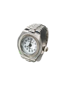 - What it is: A ring-shaped wearable that resembles a metallic watch with a small clock face embedded in the center, crafted to be worn on a finger.
- Intended audience: Unisex (appears gender-neutral in styling, suitable for both men and women).
- Notable attributes: Silver-tone metal band with a ribbed, gear-like bezel surrounding a white analog dial; small crown on the side; classic watch-face numerals and hands. The overall style is vintage-inspired and functional.