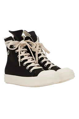 - What the product is: A pair of black high-top sneakers with white rubber soles and white laces.
- Apparent audience: Unisex (adult look; style is classic canvas sneakers suitable for men or women).
- Notable attributes: Black fabric upper, white toe cap and sidewall accents, off-white shoelaces, metal eyelets, and a thick white rubber sole with a textured outsole. Minimalist, casual, lace-up high-top sneaker style.