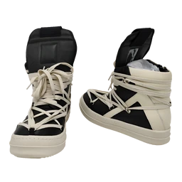 - Product: A pair of high-top snowboard-style boots with thick off-white straps and laces over a black base.
- Audience: Unisex (appears suitable for both men and women, based on neutral colorway and styling).
- Notable attributes: Beige/cream straps and laces, black panels, white sole, chunky sole and platform, padded tongue and upper with wrap-around ankle straps. No visible branding.