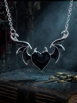 Product description: A pendant necklace featuring a central black heart with stylized bat-like wings on either side, suspended from a silver-tone chain.
Intended audience: Unisex (design reads as a gothic-inspired piece suitable for both men and women).
Visible materials and style: Shiny silver-tone metal chain and fittings with a glossy black heart centerpiece. The design emphasizes a dark, edgy aesthetic with winged accents and a vintage, mysterious vibe. No brand or logo visible.