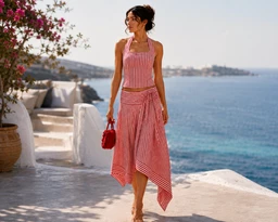 - What the product is: A two-piece striped set consisting of a halter top and a matching skirt, shown with red and white vertical stripes. The skirt has an asymmetric hem and wrap/diagonal detail.
- Apparent audience: Women's (fashion-forward beachwear styling with a fitted halter top and mid-length skirt).
- Notable attributes: Red and white stripes; halter neckline; cropped fitted top; high-waisted, wrap-style skirt with an asymmetric hem; lightweight, flowy fabric suitable for warm, seaside or resort wear. Material appears to be a breathable, airy fabric for summer.