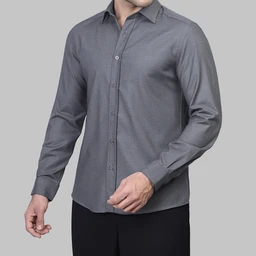 A long-sleeve button-up shirt in charcoal gray. Appears designed for men, with a classic collar, slim-fit cut, and smooth wool fabric texture. Notable features include a full front placket with tonal buttons and a refined, solid color for a versatile, dressier look.