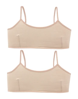 This is a twin-pack of girls’ crop top bras with simple, seamless design. The style is a light blush/nude color with thin spaghetti straps and a cropped silhouette, suited for a youthful, lightweight underlayer look. The visible material appears to be smooth, stretchy fabric with minimal detailing, focusing on comfort and basic coverage.